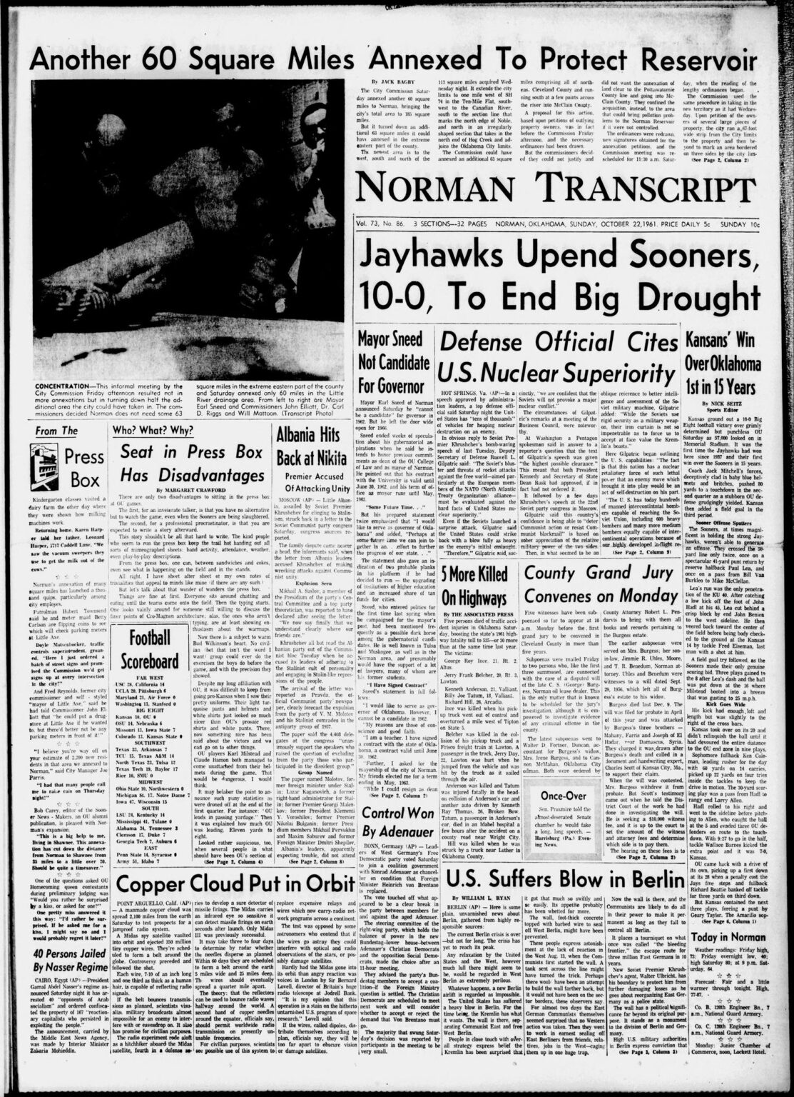 Front page of the Norman Transcript, October 22, 1961, with headline Another 60 Square Miles Annexed To Protect Reservoir
