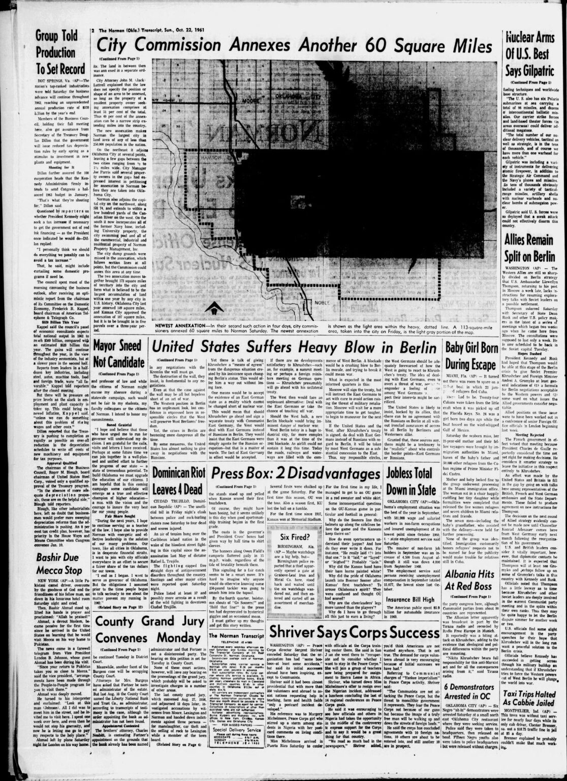 Second page of the Norman Transcript annexation article with map of the newly annexed territory